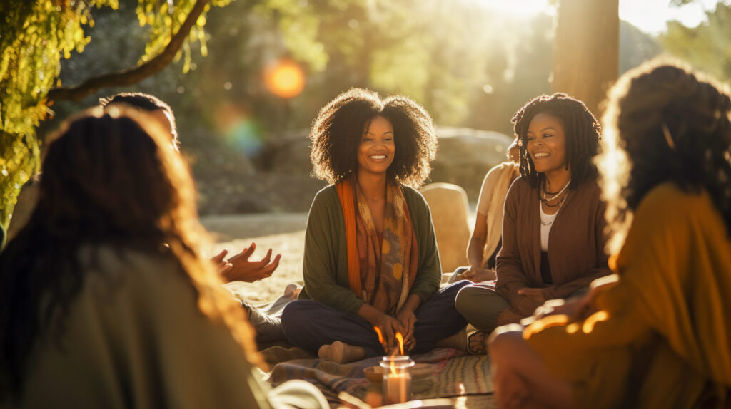 Joyful women sit in a circle outdoors, with a small candle in the middle of them. They are backlit by the setting sun, the mood is calm and joyful. 