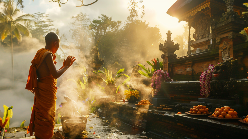 A Balinese monk raises his arms in an early morning blessing, beside a shrine that holds the offerings of many monks who have performed this morning ritual before him. 