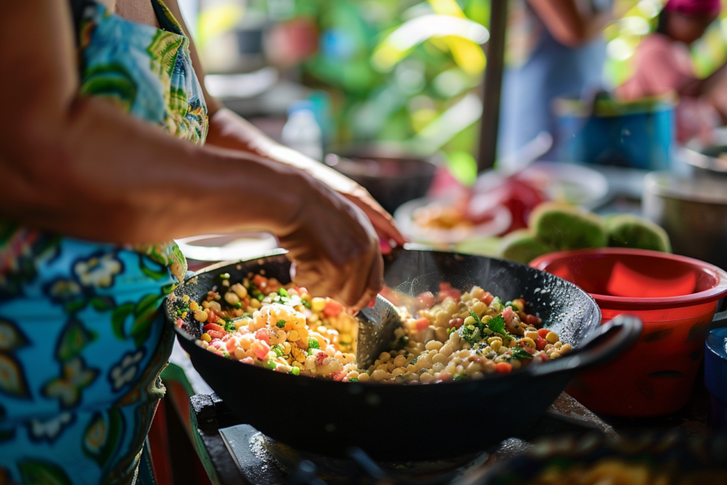 A woman is seen stirring food in a steaming cast iron wok as she prepares a traditional Costa Rican breakfast as part of her morning ritual. 