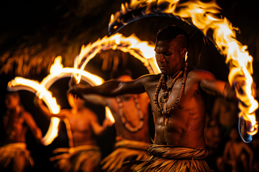 Traditional Samoan fire-dancers perform at night. 
