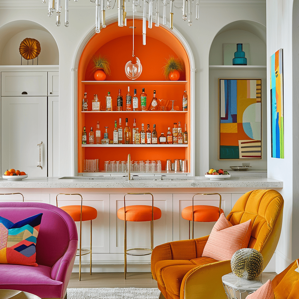 A bright orange alcove with matching barstools are the focal point of a playful, fully-stocked home bar, designed to enhance globally inspired cocktail parties that feel like without leaving home. 