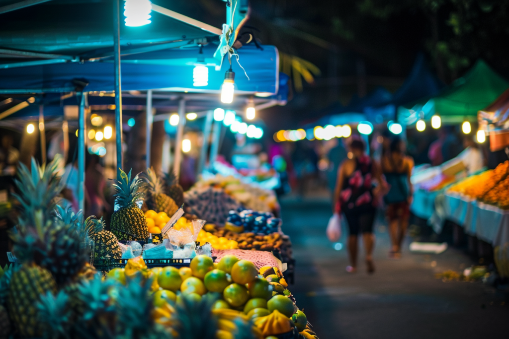 The farmers market stalls of Chamorro Village Night Market, where people meet to buy, sell, dance and eat on the island of Guam