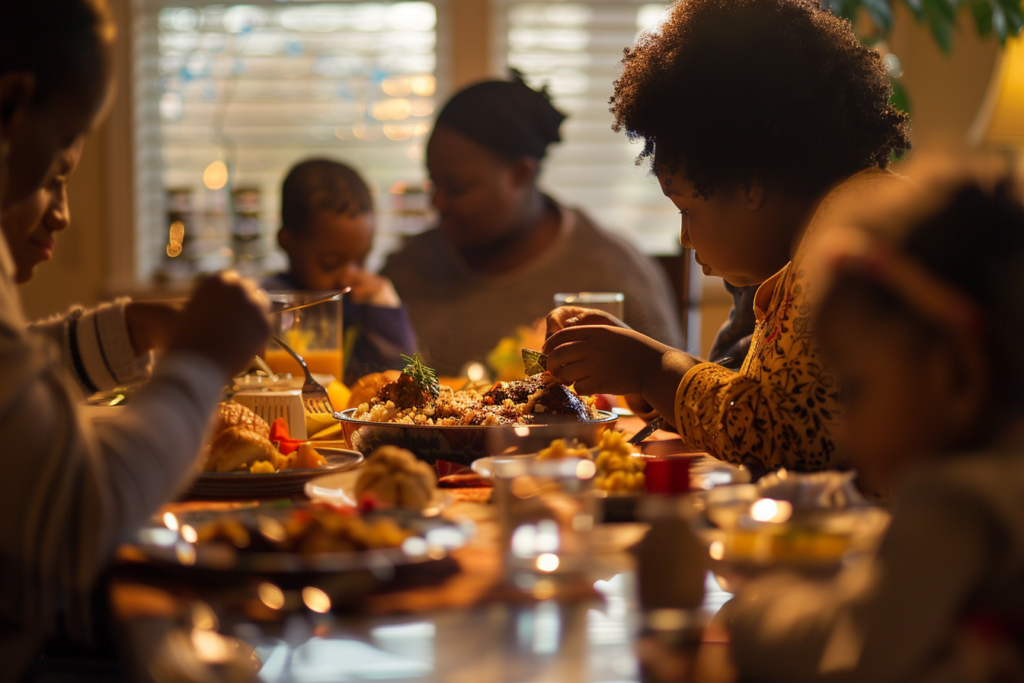 A family gathers around an inviting dinner table as they share a traditional family meal. Starting a morning ritual is the first step in creating holistic family traditions. 
