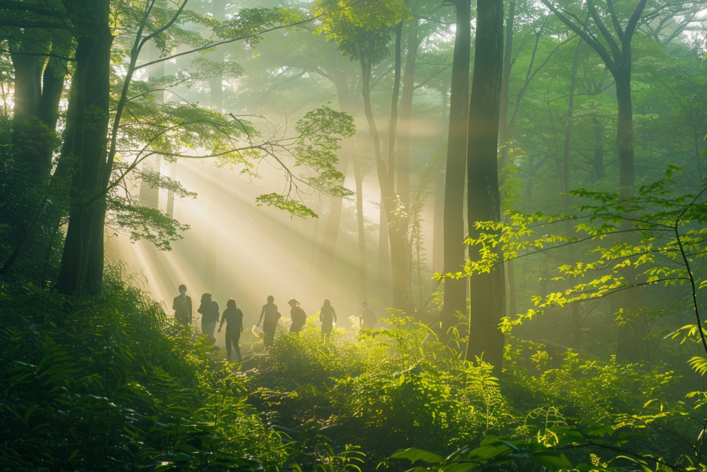 Tourists performing a forest bathing morning ritual, early in the morning seen from a distance through the mist in a dense forest.