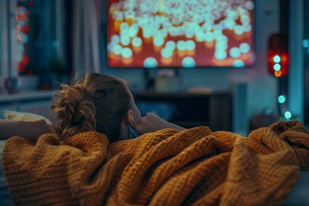 A woman reclines on a couch with a cozy yellow blanket, enjoying movie night surrounded by ambient light. Lighting scented candles and immersing in a foreign film is an easy, low-budget way to travel without leaving home. 