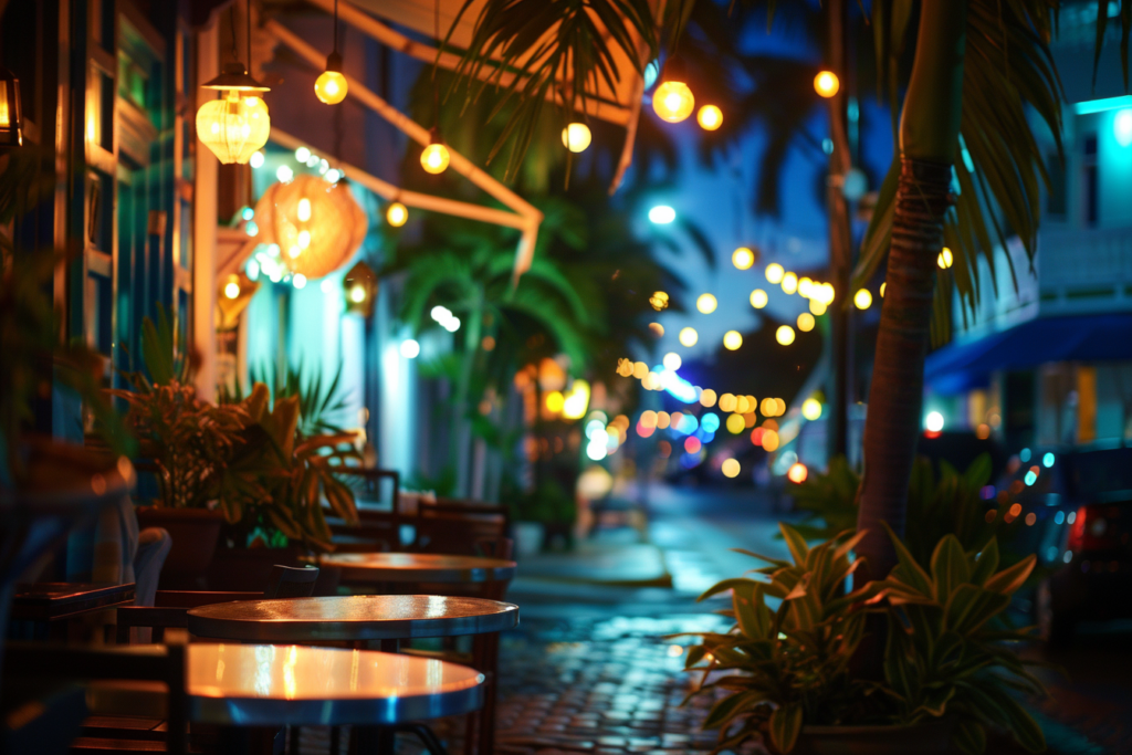 Twinkling market lights and outdoor tables line the cobble stoned streets of La Placita in San Juan, one of the many exotic places you can visit from the USA without a passport. Elements of the jungle appear to overflow right into the city streets. 