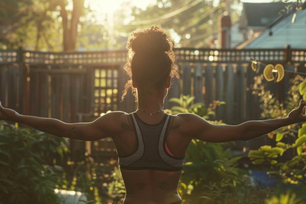 A tattooed woman raises her arms in a sun salutation as part of her morning ritual. She stands on the back porch of her suburban home, overlooking a wild garden and wooden fence. 