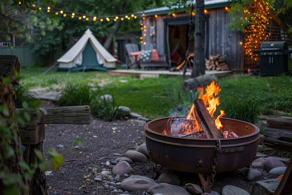 A round firepit sits ablaze in the foreground. A small tent is pitched in the background next to the home's wooden shed. Backyard camping is an easy way to travel without leaving home. 