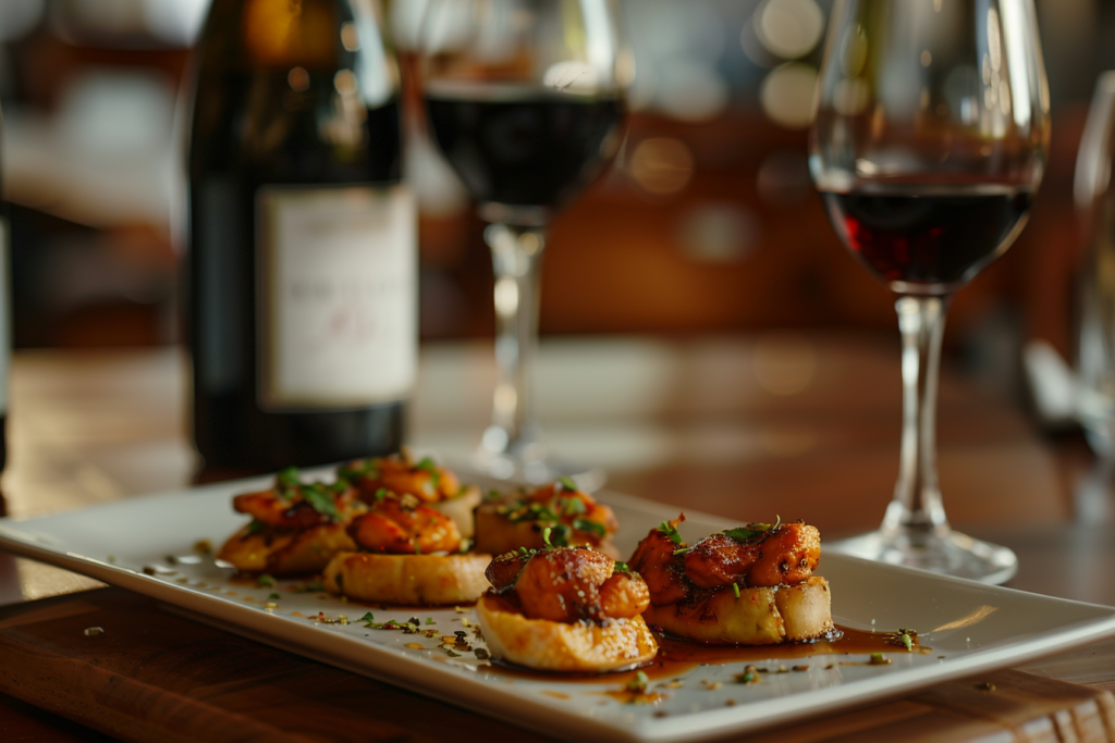 A plate of tapas paired with red wine, laid on a wooden table and lit by distant candles, illustrating that food is a powerful way to travel without leaving home. 