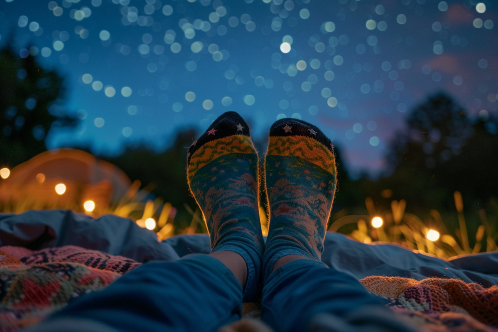 Socked feet surrounded by fairy lights are pictured under a star-filled sky. 