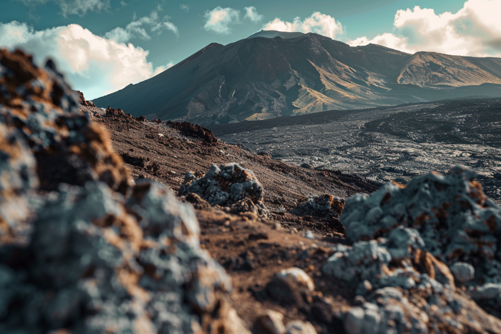 A ground-level view of the rocks and peaks of Mount Haleakala, a dormant volcano in Maui