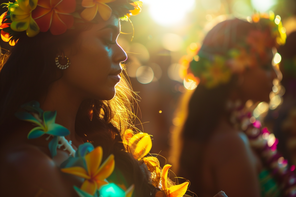 Native dancers line up in colorful leis, preparing to start a Luau on the island of Hawaii, one of the most popular tourist spots from the USA that doesn't require a passport. 