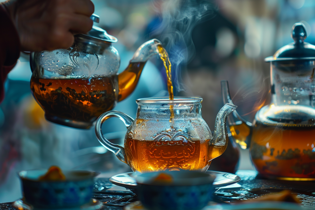 Various glass Turkish teapots are filled with the warm amber of freshly brewed tea. 
