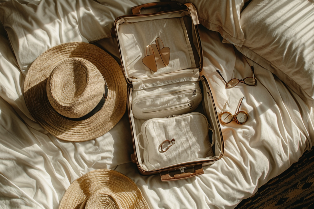 A half-packed carry-on bag lays open on an unmade bed. A benefit of traveling domestically is that packing is generally lighter than for international travel. 