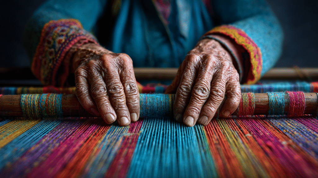 lose-up of artisan hands weaving colorful threads on a traditional loom, showcasing global textile craftsmanship and sustainable artistry.