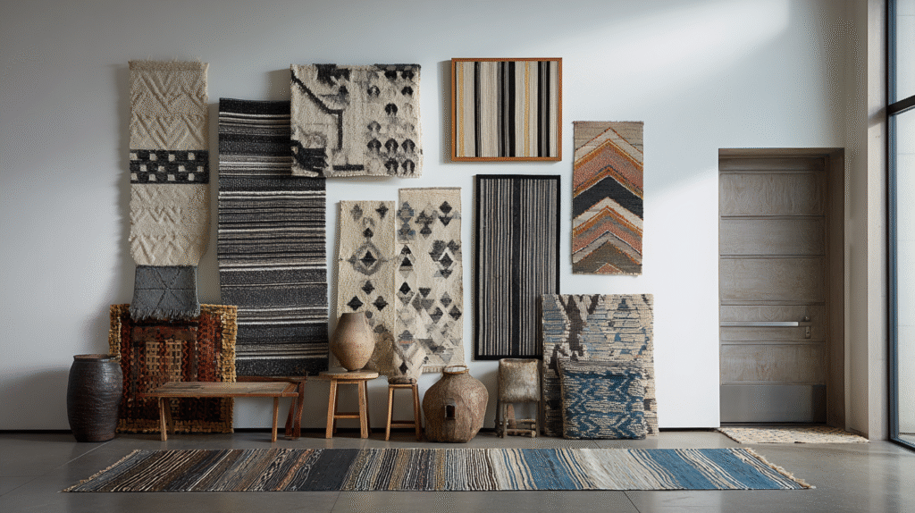 Minimalist gallery wall displaying layered rugs and woven wall hangings in earthy tones, highlighting the beauty of decorating with global textiles.