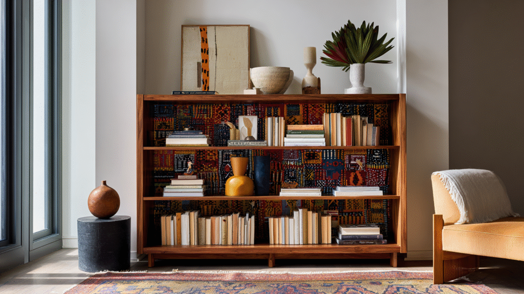 Modern organic living room with a wooden bookshelf backed in patterned global textiles, styled with books, vases, and soft natural light.