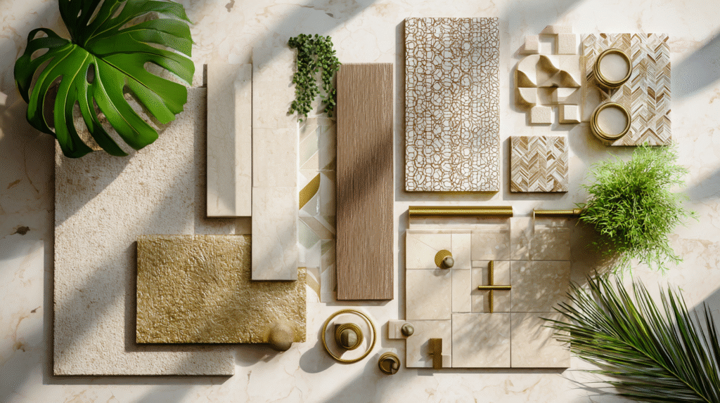 Flat lay of textured materials and warm neutral patterns including woven, herringbone, and metallic gold tiles, styled with tropical greenery — showcasing the harmony of Afro-luxe and global-inspired design.