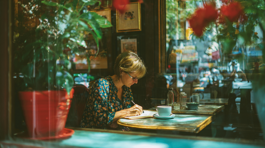 A woman writes in a journal at a cozy café table, framed by plants and sunlight through the window. The warm scene captures mindful travel journaling and finding design inspiration in everyday moments.