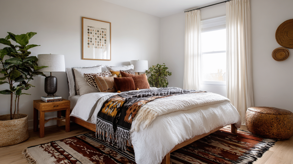 Warm and earthy modern bedroom featuring layered global prints — an ikat throw, tribal rug, and mix of rust, ivory, and brown pillows — creating a cozy, travel-inspired retreat with organic textures and natural light.