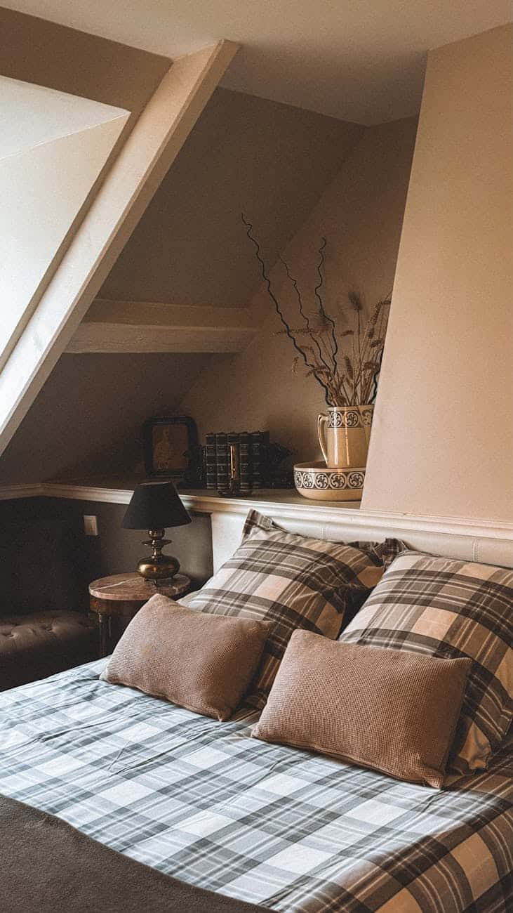 cozy attic bedroom with boho decor, plush pillows and thick covers. 