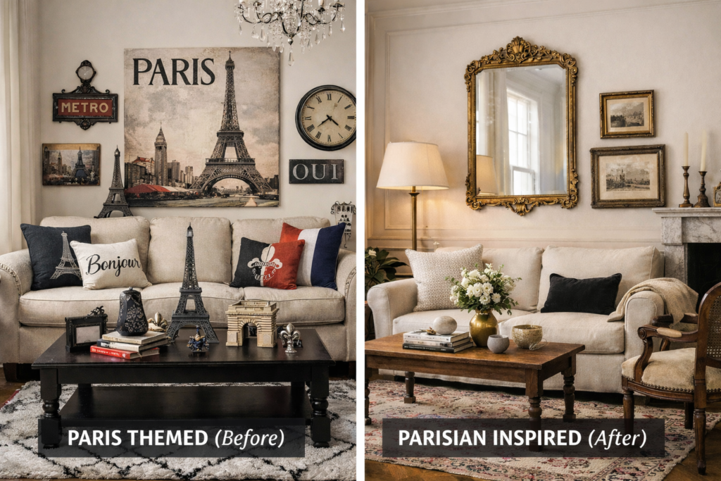 Side-by-side collage of the same living room: left panel shows a “Paris-themed” look with Eiffel Tower decor, city-name signs, and matching motifs; right panel shows a Parisian-inspired space using soft neutrals, vintage frames, warm lighting, and subtle textures for a collected feel.