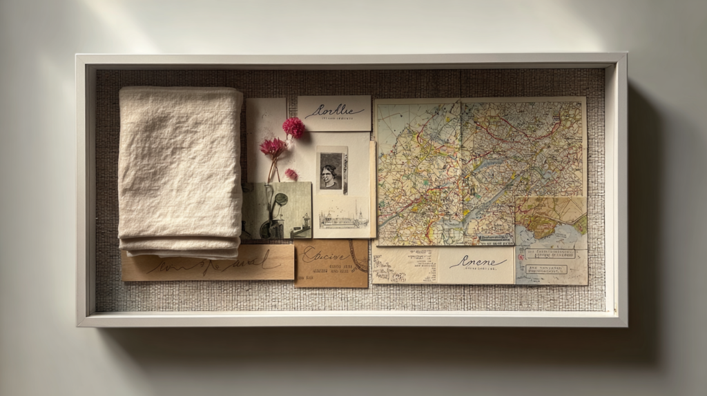Global decor shadowbox featuring a folded linen napkin, pressed flowers, handwritten notes, vintage photo card, and a Paris map excerpt arranged on a neutral backing in a white frame.