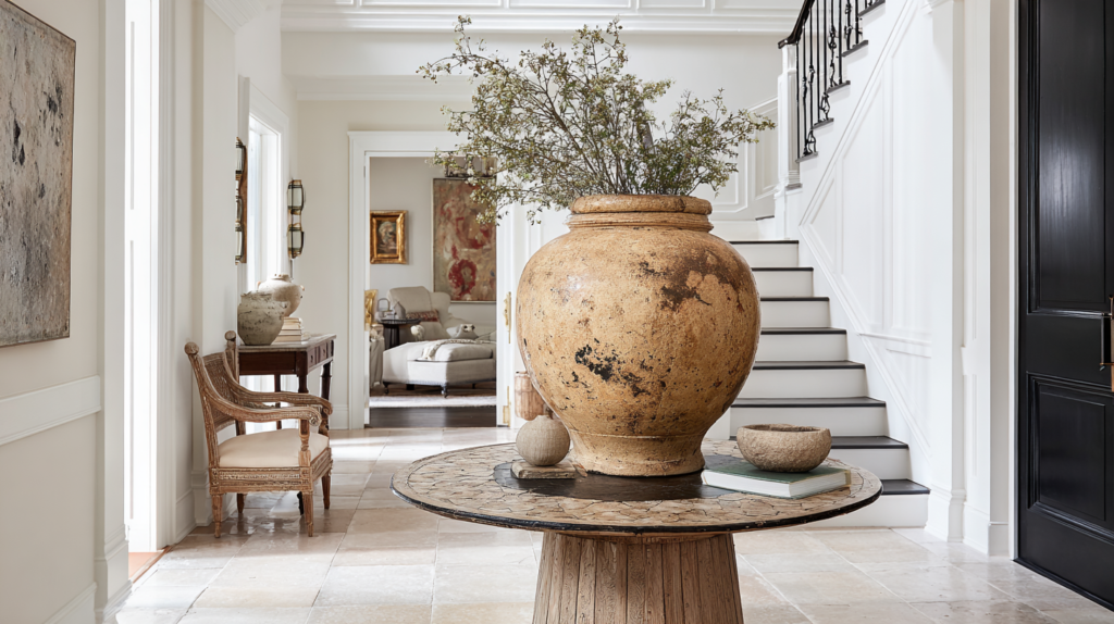 Global decor entryway styling with an oversized antique-style terracotta urn filled with airy branches on a round stone-topped table in a bright white hallway with staircase.